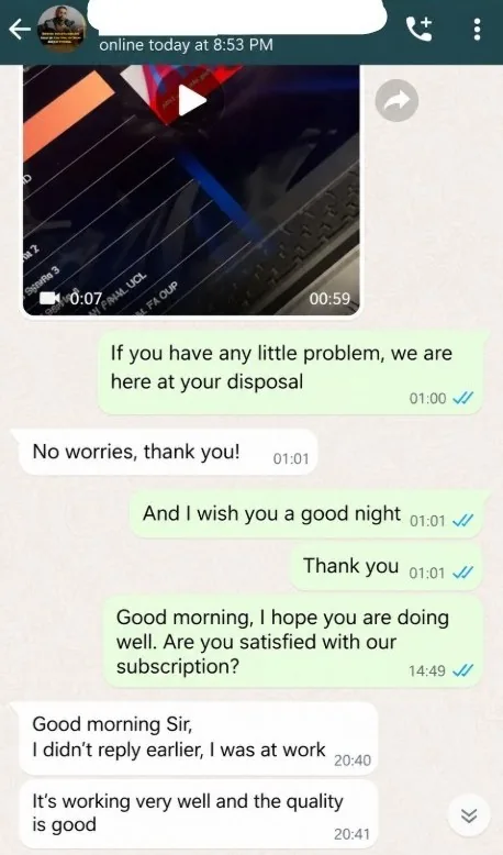 WhatsApp review from an IPTV Great customer