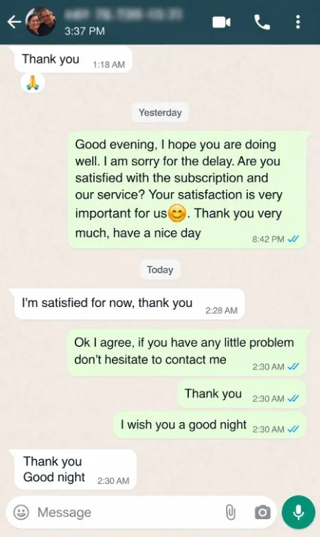 WhatsApp review from an IPTV Great customer