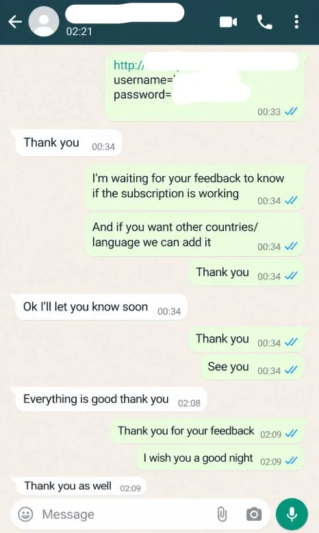 WhatsApp review from an IPTV Great customer