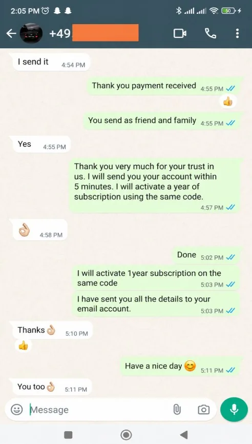 WhatsApp review from an IPTV Great customer