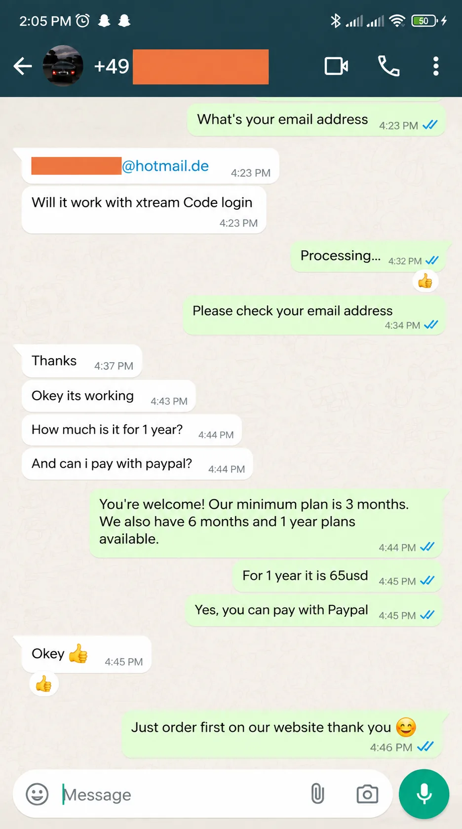 WhatsApp review from an IPTV Great customer
