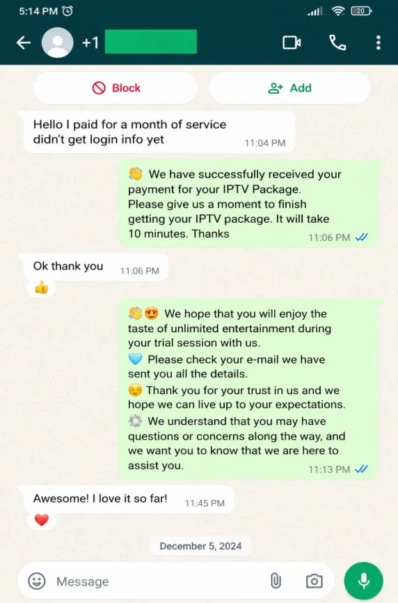 WhatsApp review from an IPTV Great customer