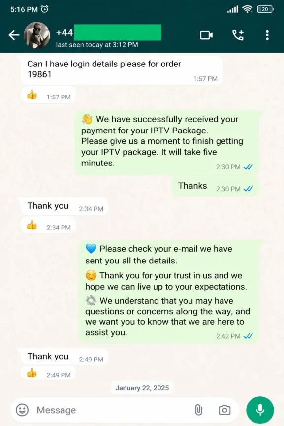 WhatsApp review from an IPTV Great customer