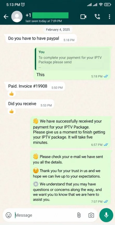 WhatsApp review from an IPTV Great customer